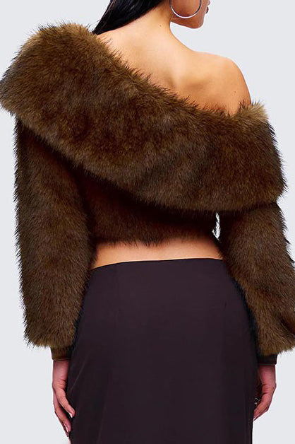 Brown Faux Fur Off Shoulder Top