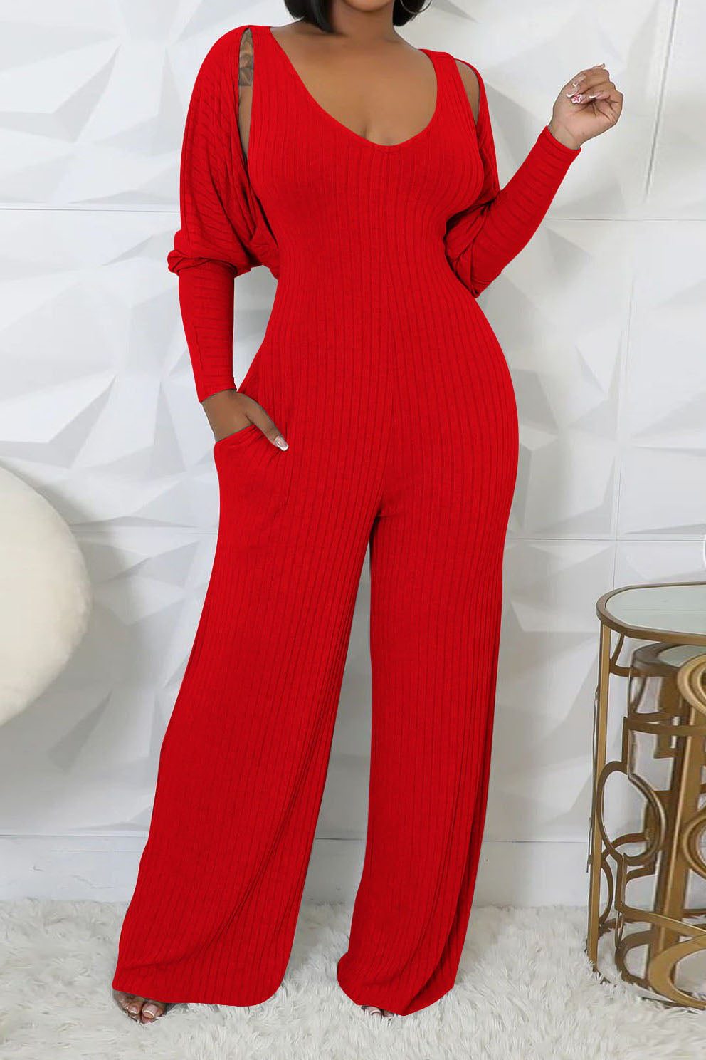 2-Piece Ribbed Knit Tank Jumpsuit & Cropped Top Set