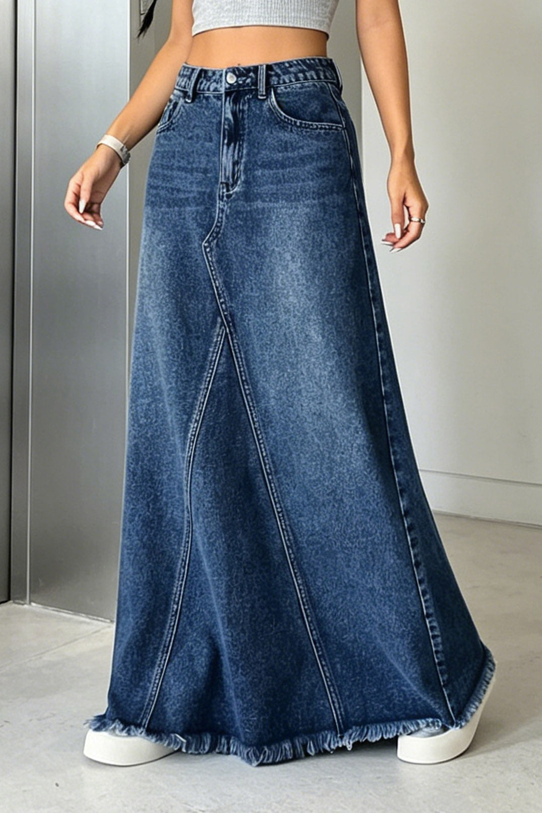 Raw-Hem Godet Denim Maxi Skirt