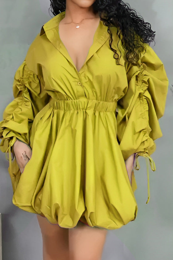 Ruched-Sleeve Button-Front Dress