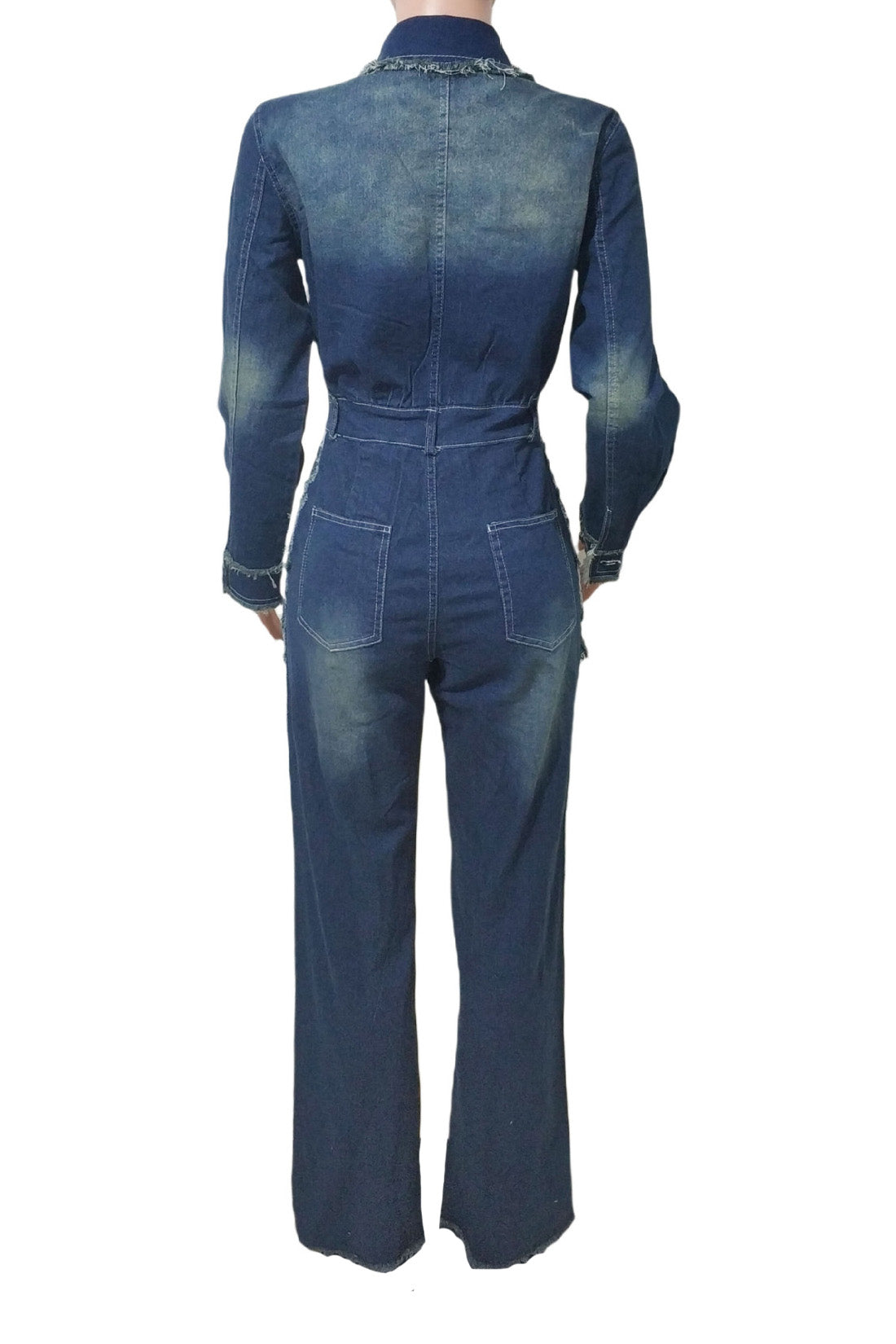 Raw-Edge Long Sleeve Stretch Denim Jumpsuit