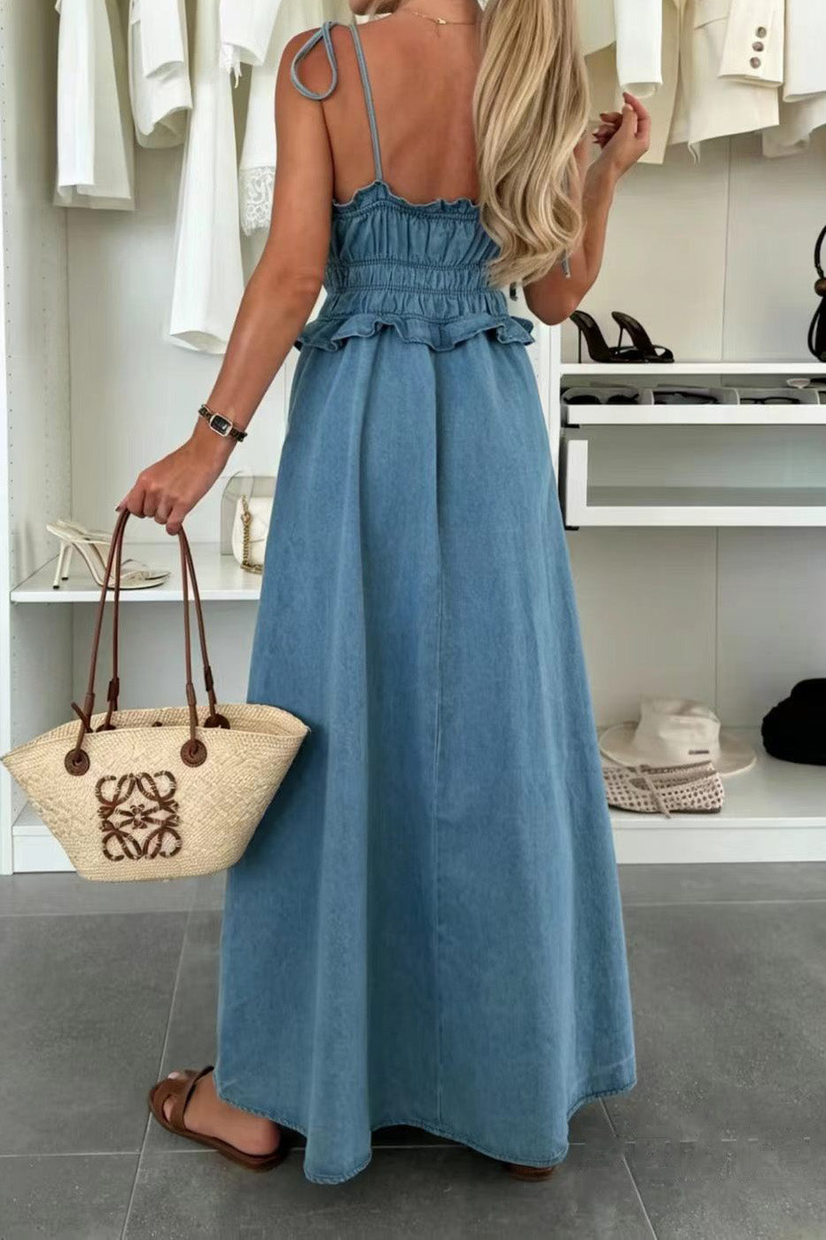 Tie-Strap Smocked Waist Denim Maxi Dress