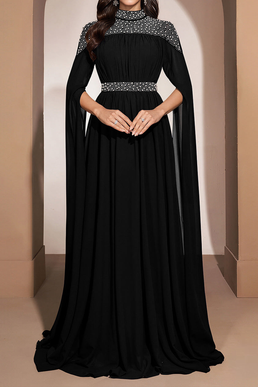 Embellished High-Neck Cape-Sleeve Maxi Dress