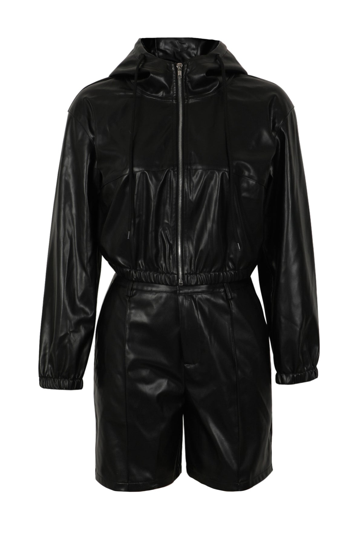 Leather-Look Hooded Jacket & Bermuda Shorts Set
