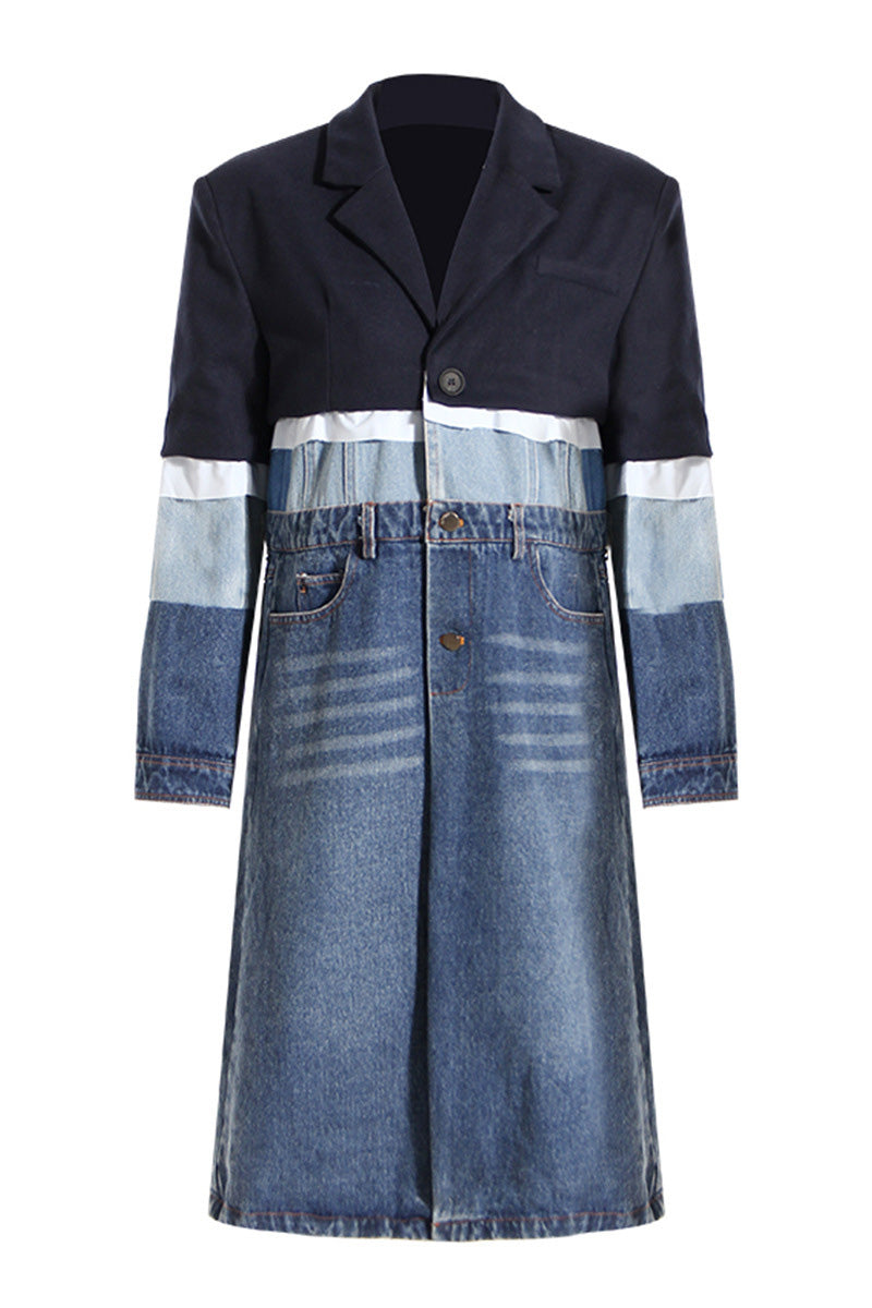 Contrast Denim Midi Trench Coat