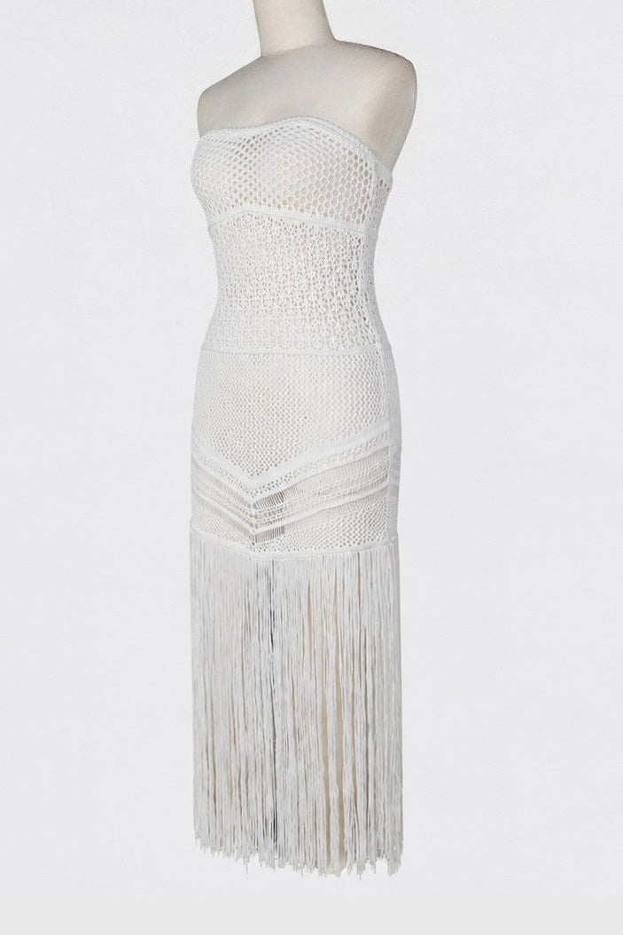 Strapless Crochet Fringe Maxi Dress