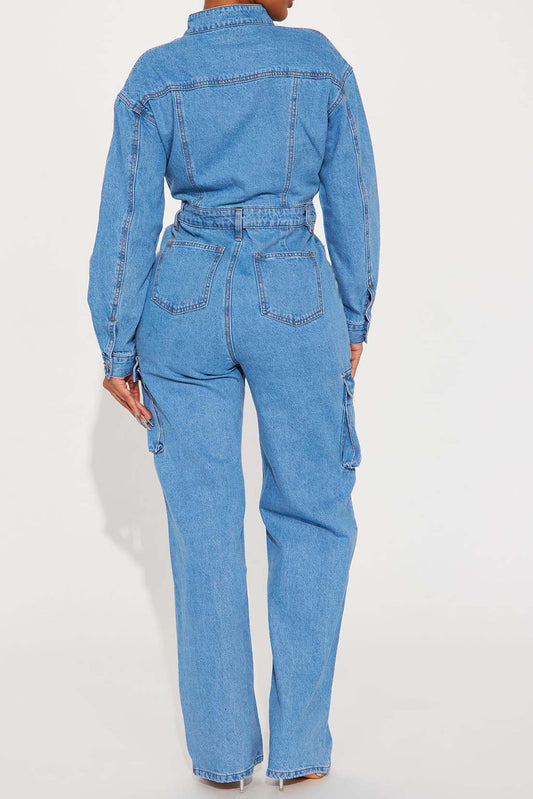 Long Sleeve Denim Cargo Pocket Jumpsuit