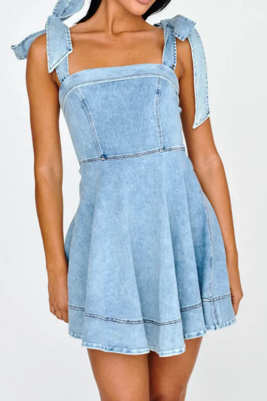 Square Neck Tie Shoulder Denim Dress