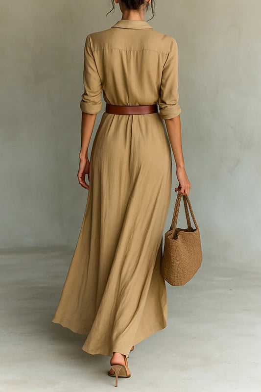 Lapel Buttoned Waist Maxi Dress