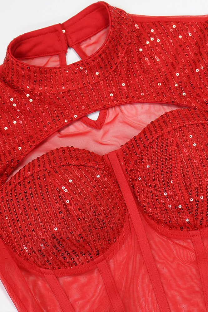 Sequin Cutout Mesh Corset Mini Dress