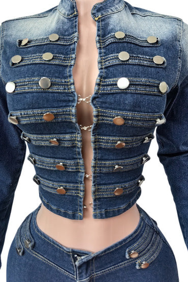 Military Denim Jacket & Shorts Set
