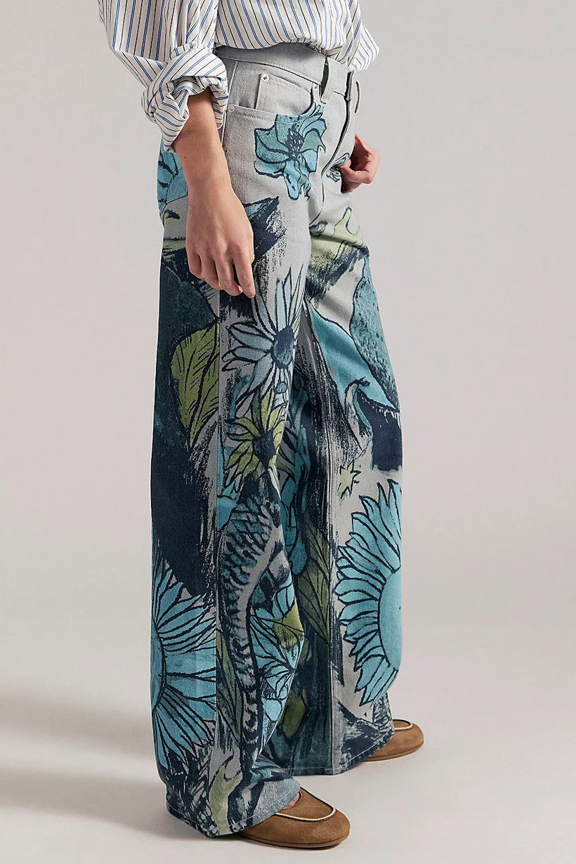 High-Waisted Statement Print Wide Leg Jeans