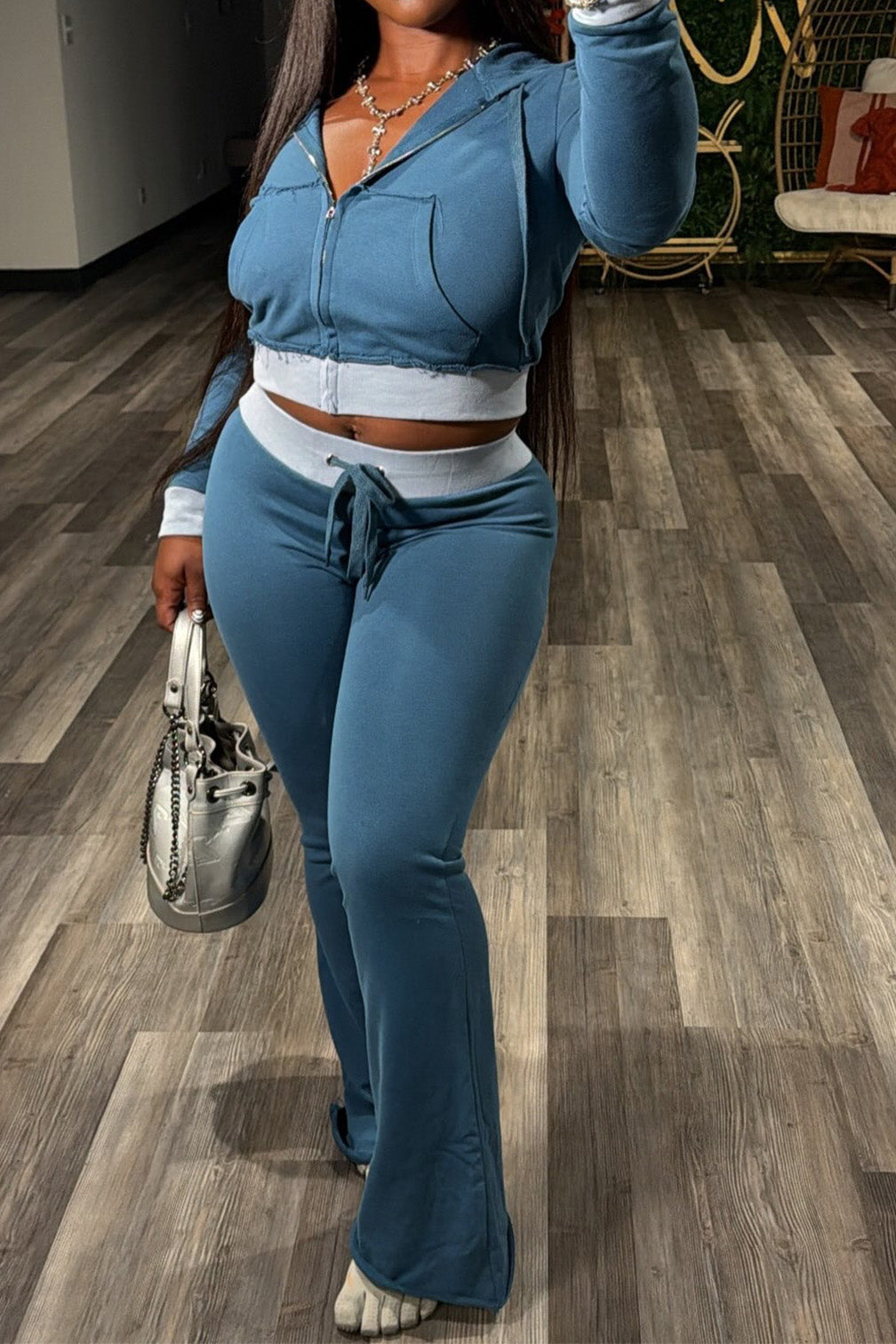 Contrast-Trim Zip Hoodie & Flare Pants Set