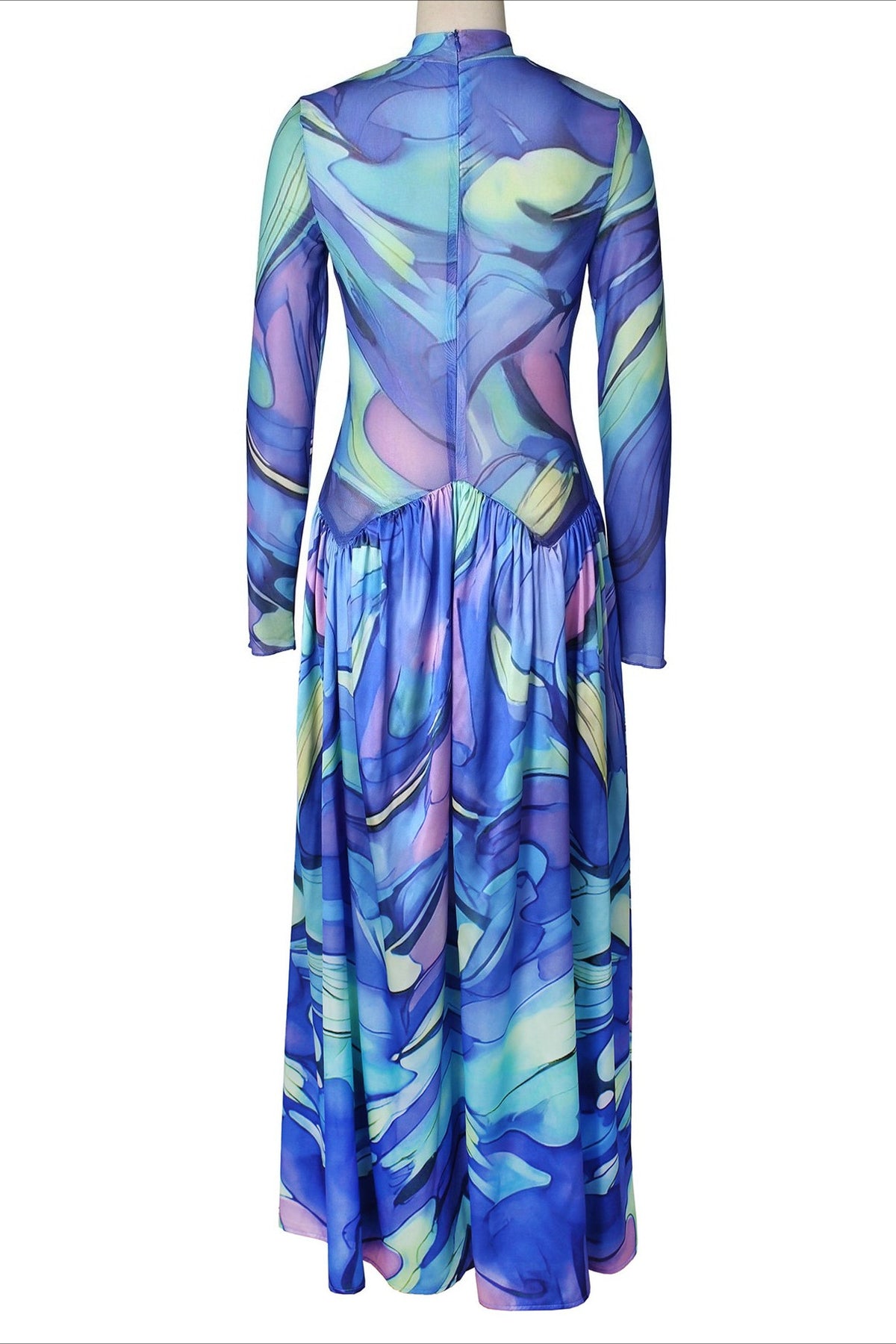 Mock Neck Mesh Floral Maxi Dress