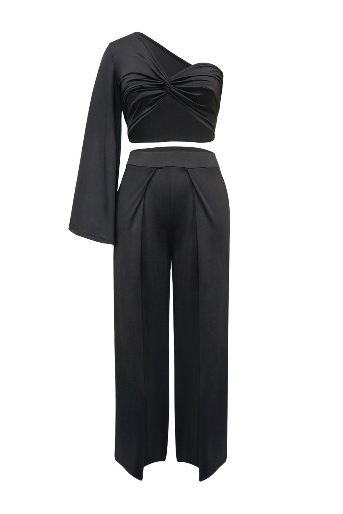 Asymmetrical Twist Crop Top & Draped Wide Leg Pant Set