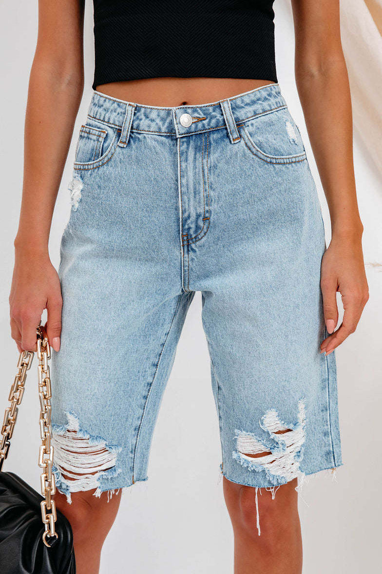 High-Waisted Distressed Denim Bermuda Shorts