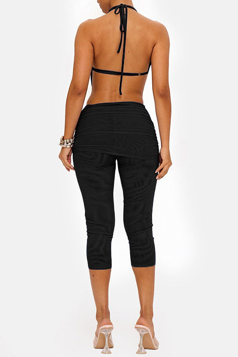 Draped Halter & Sheer Mesh Capri Set