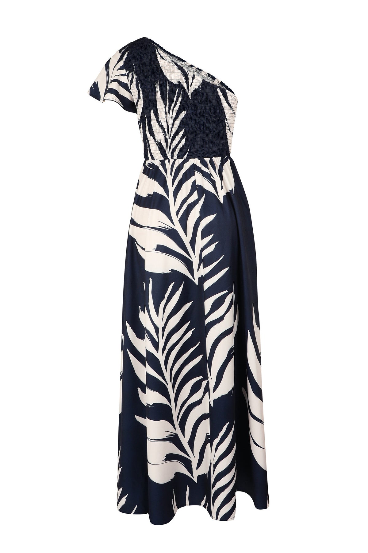 Tropical Palm Print One-Shoulder Maxi Dress