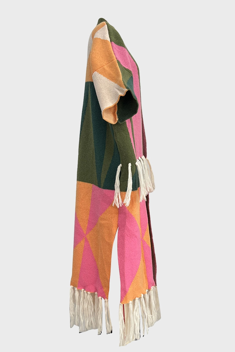 Tassel Color Block Open Front Cardigan