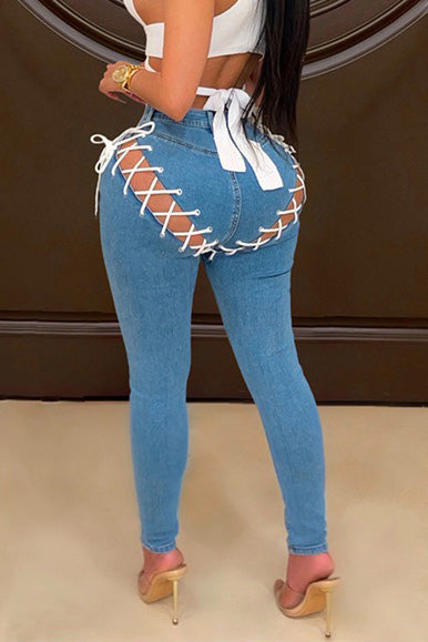 High-Rise Front & Back Lace-Up Cutout Jeans