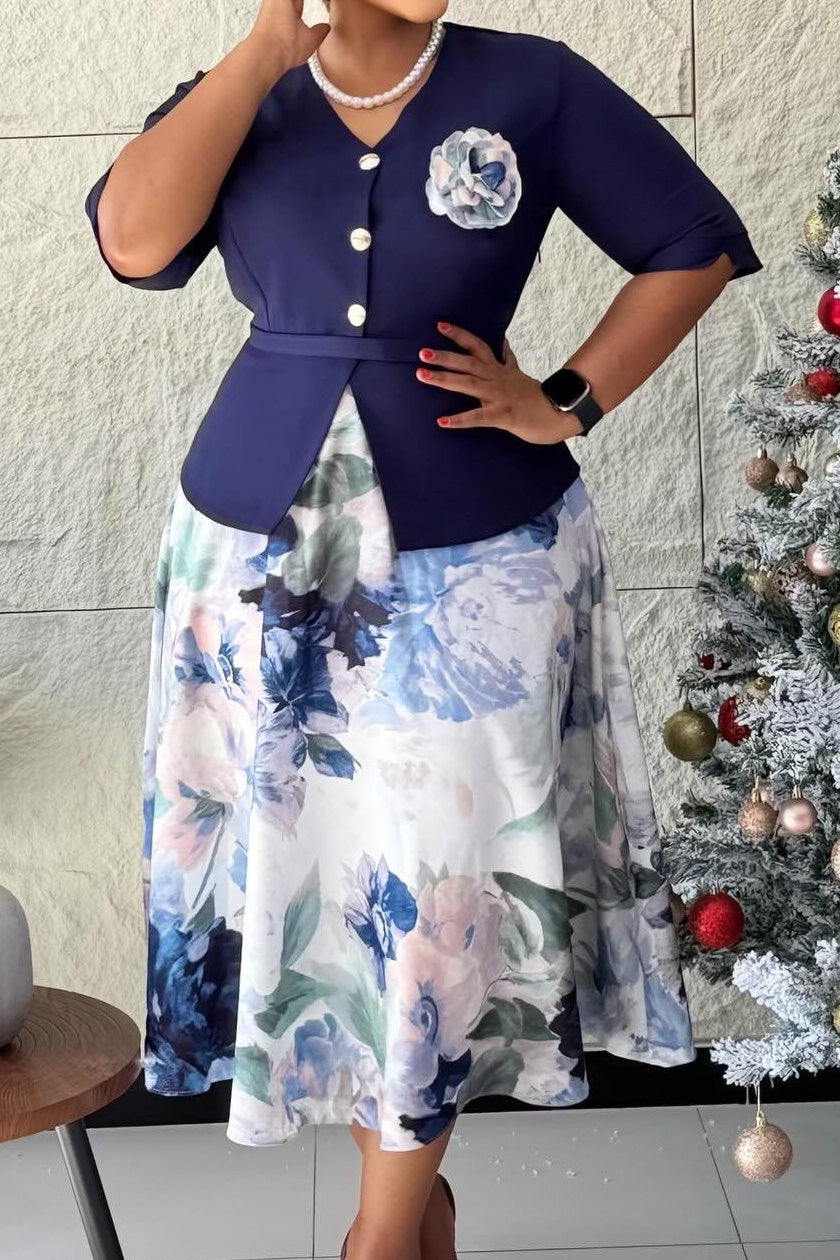 Mock Two-Piece Floral A-Line Dress