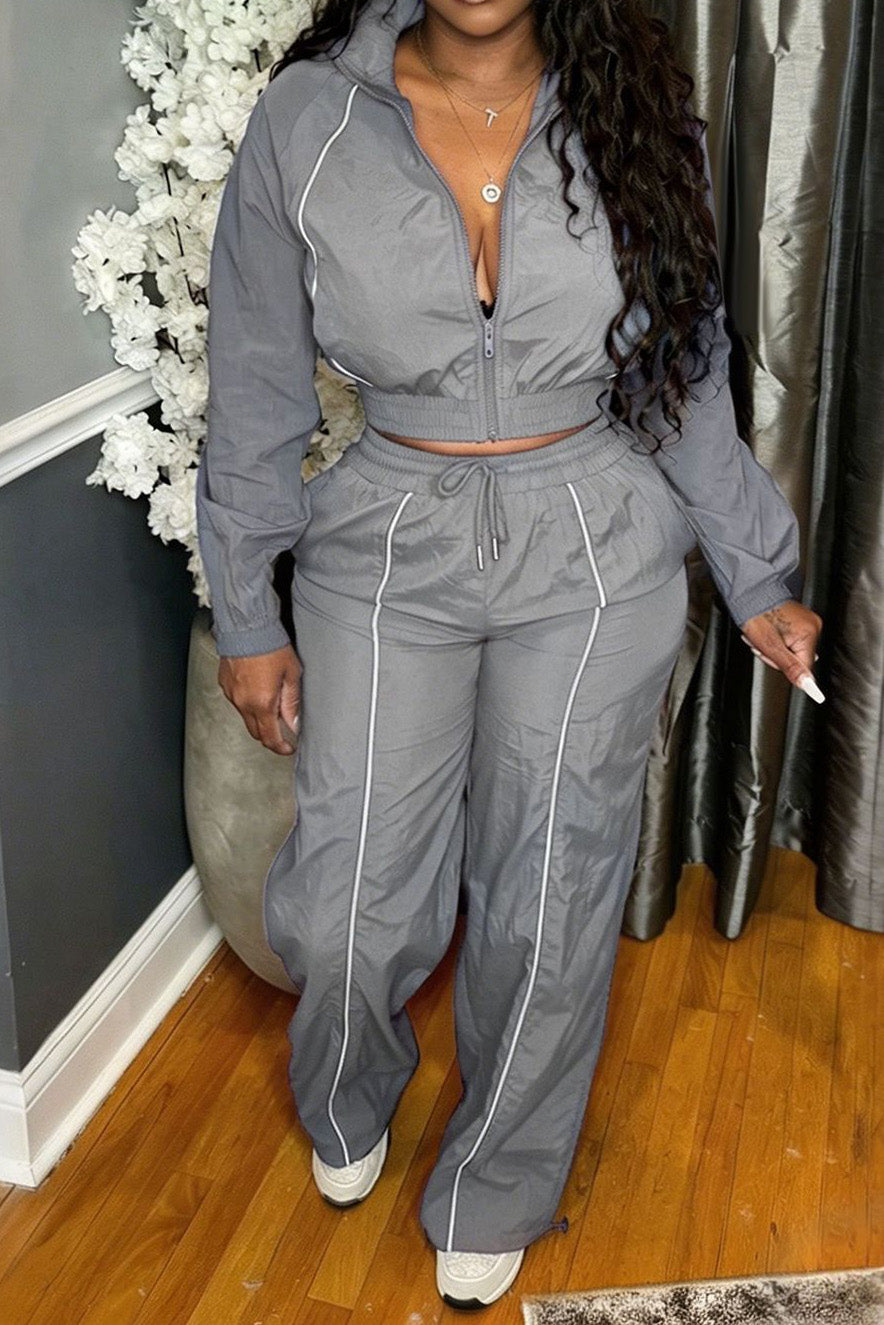 Zip-Front Piped Top & Wide-Leg Pants Set