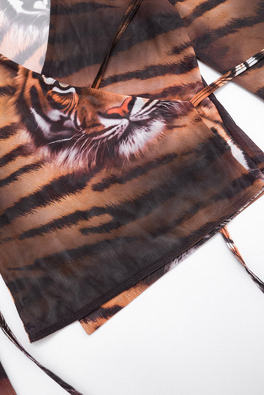 Tiger-Print Tie-Front Mesh Shirt
