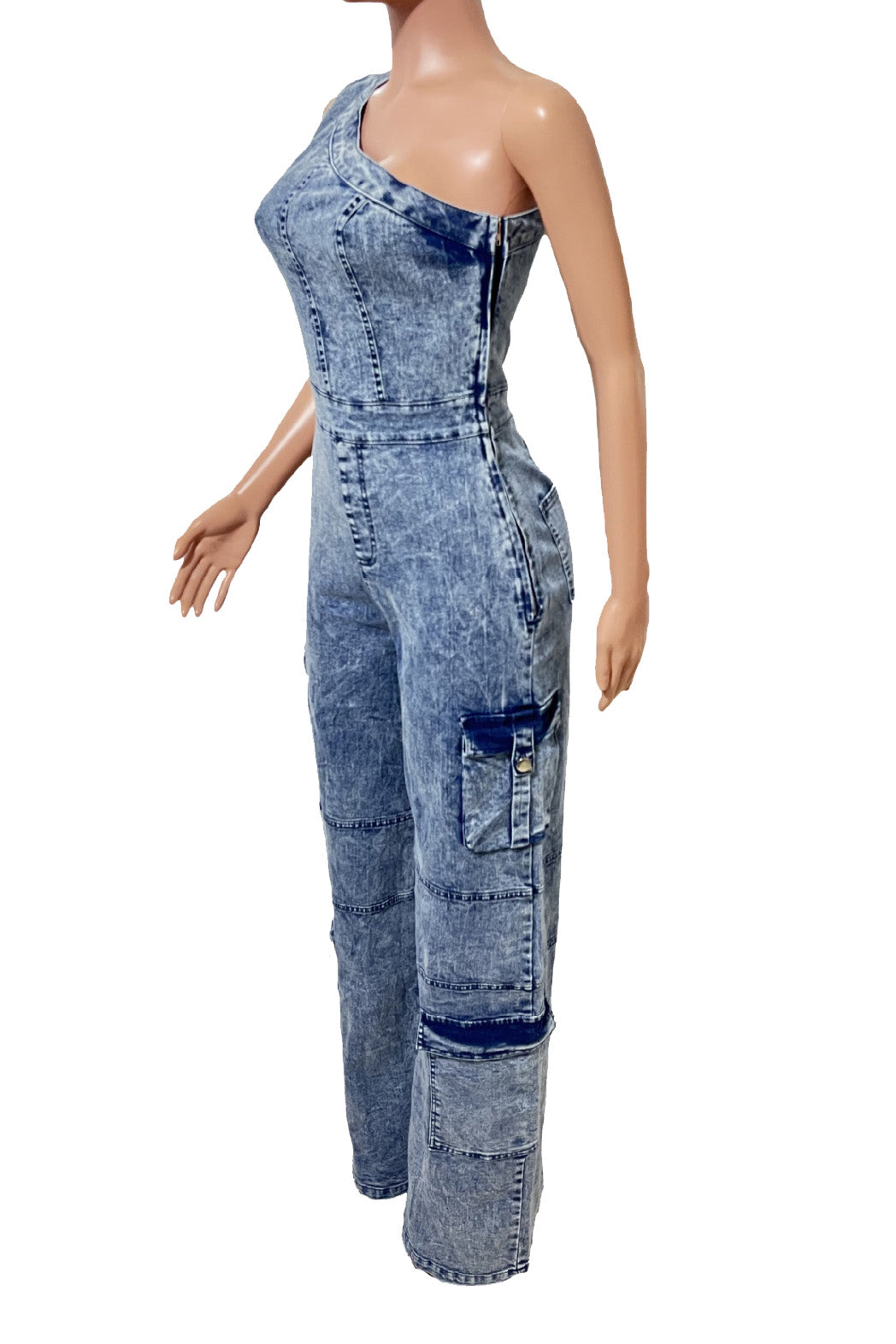 One Shoulder Stretch Denim Jumpsuit
