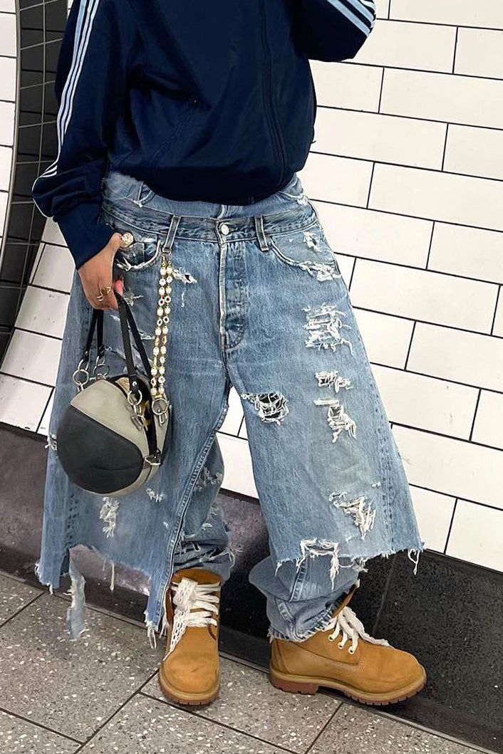 Double-Waistband Asymmetric Distressed Jeans