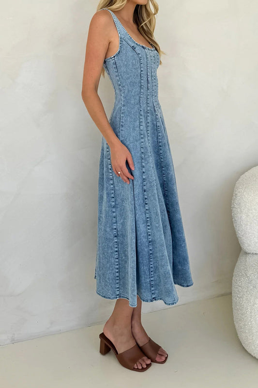 Sleeveless Backless Strappy Denim Maxi Dress