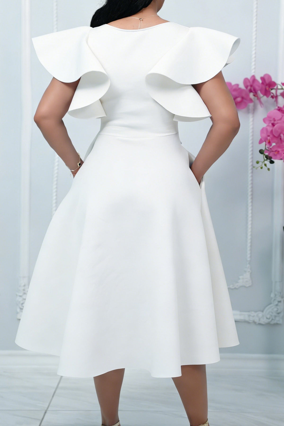 Elegant Ruffle Sleeve Belted Midi Dress