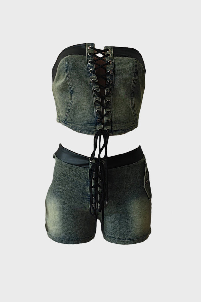 Denim Lace up Tube Top Shorts Stretch Set