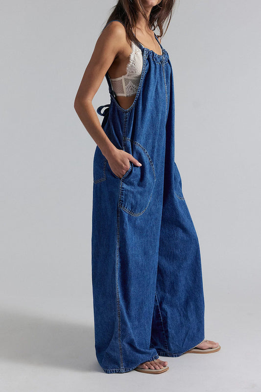 Slouchy Tie-Back Wide Leg Denim Jumpsuit