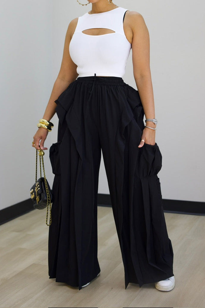 Cascading Ruffle Wide Leg Parachute Pants