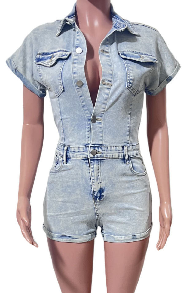 Short Sleeve Rigid Denim Romper