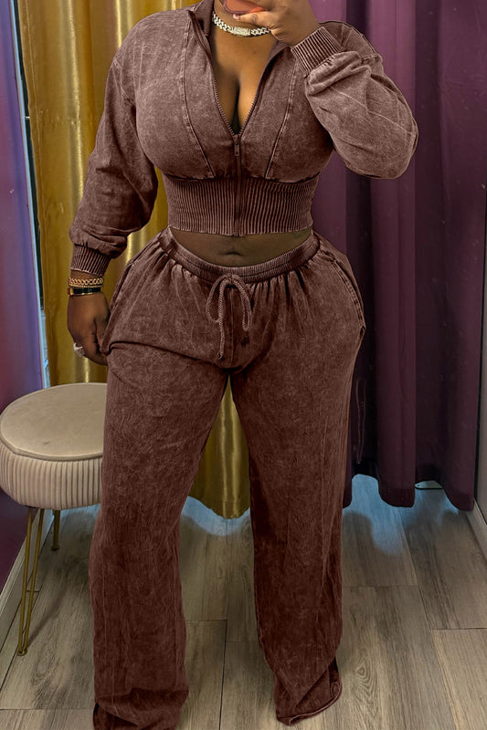Washed Cropped Zip Jacket Wide Leg Pants Set