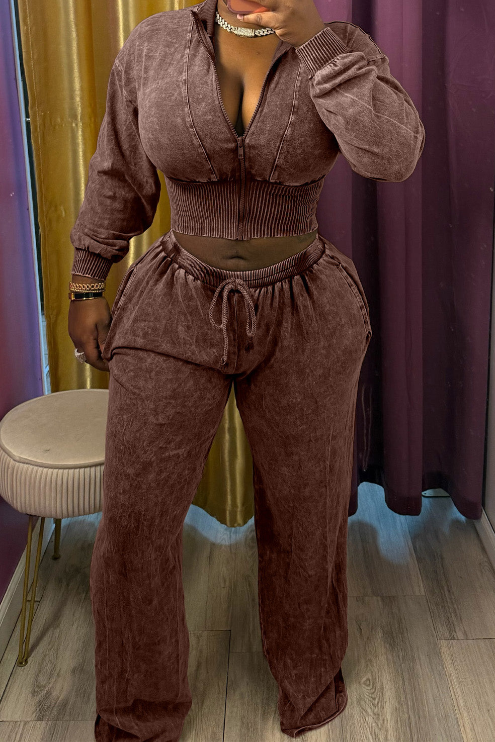 Washed Cropped Zip Jacket Wide Leg Pants Set
