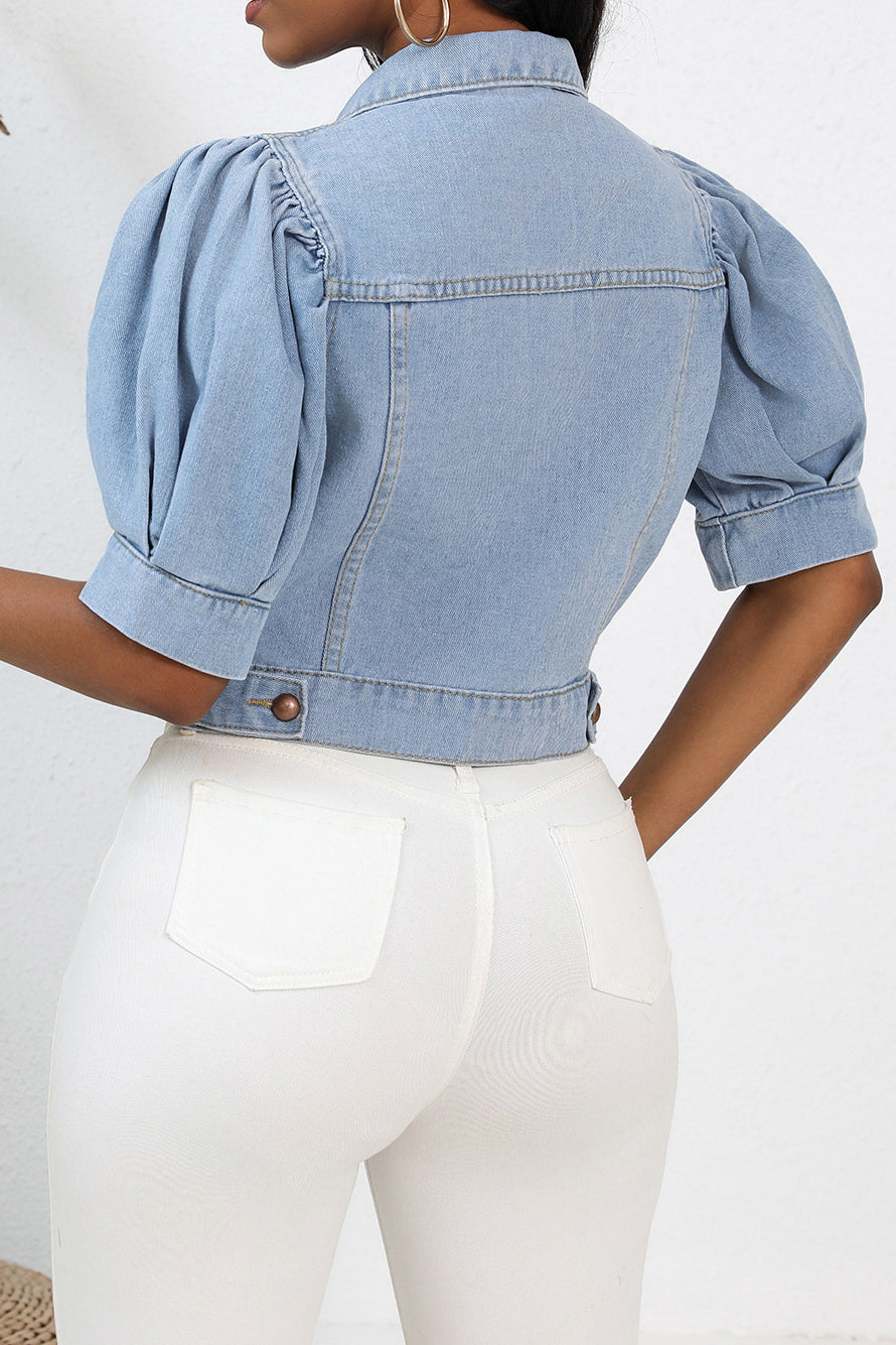 Cropped Denim Puff Sleeve Jacket