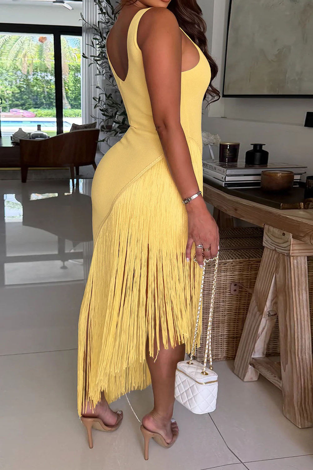 Sleeveless Asymmetrical Fringe Maxi Dress