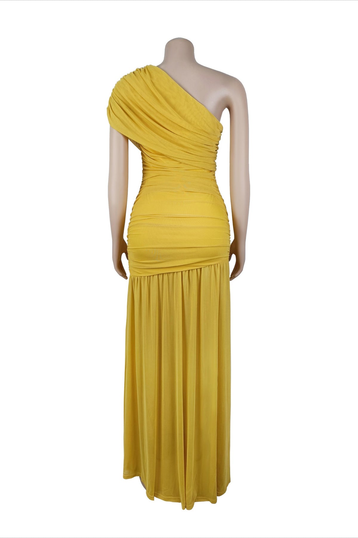 One Shoulder Ruched High Slit Maxi Dress