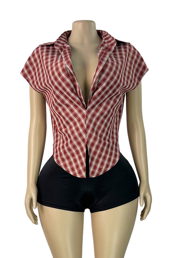 Plunge V-Neck Plaid Pointed Hem Top