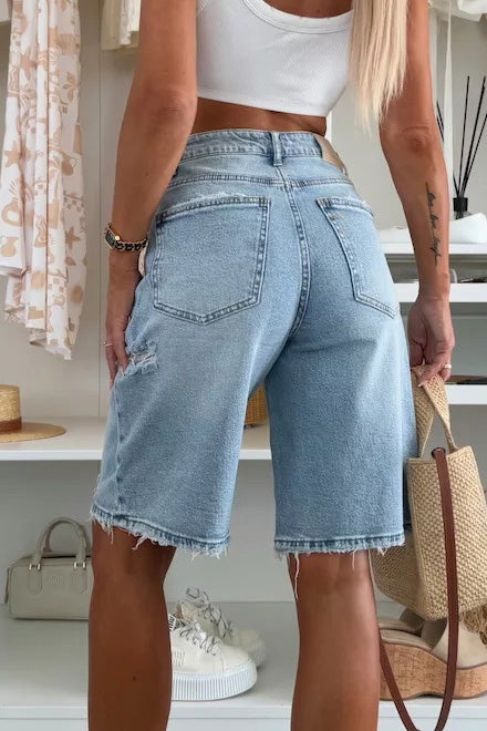 High-Waisted Raw Hem Denim Bermuda Shorts