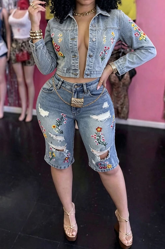 Embroidered Denim Top and Bermuda Shorts Set