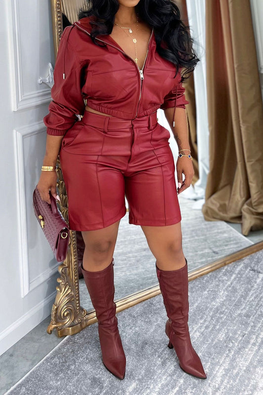 Faux Leather Hooded & Shorts Set
