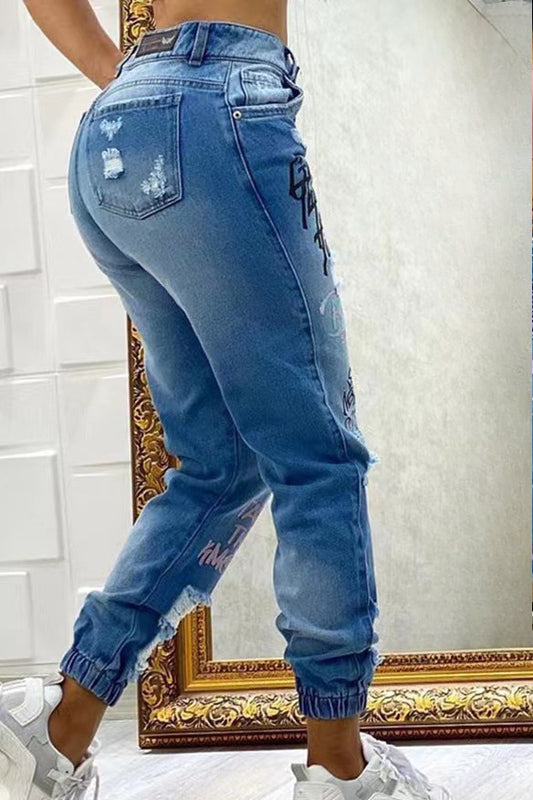 Letter Print Ripped Jeans