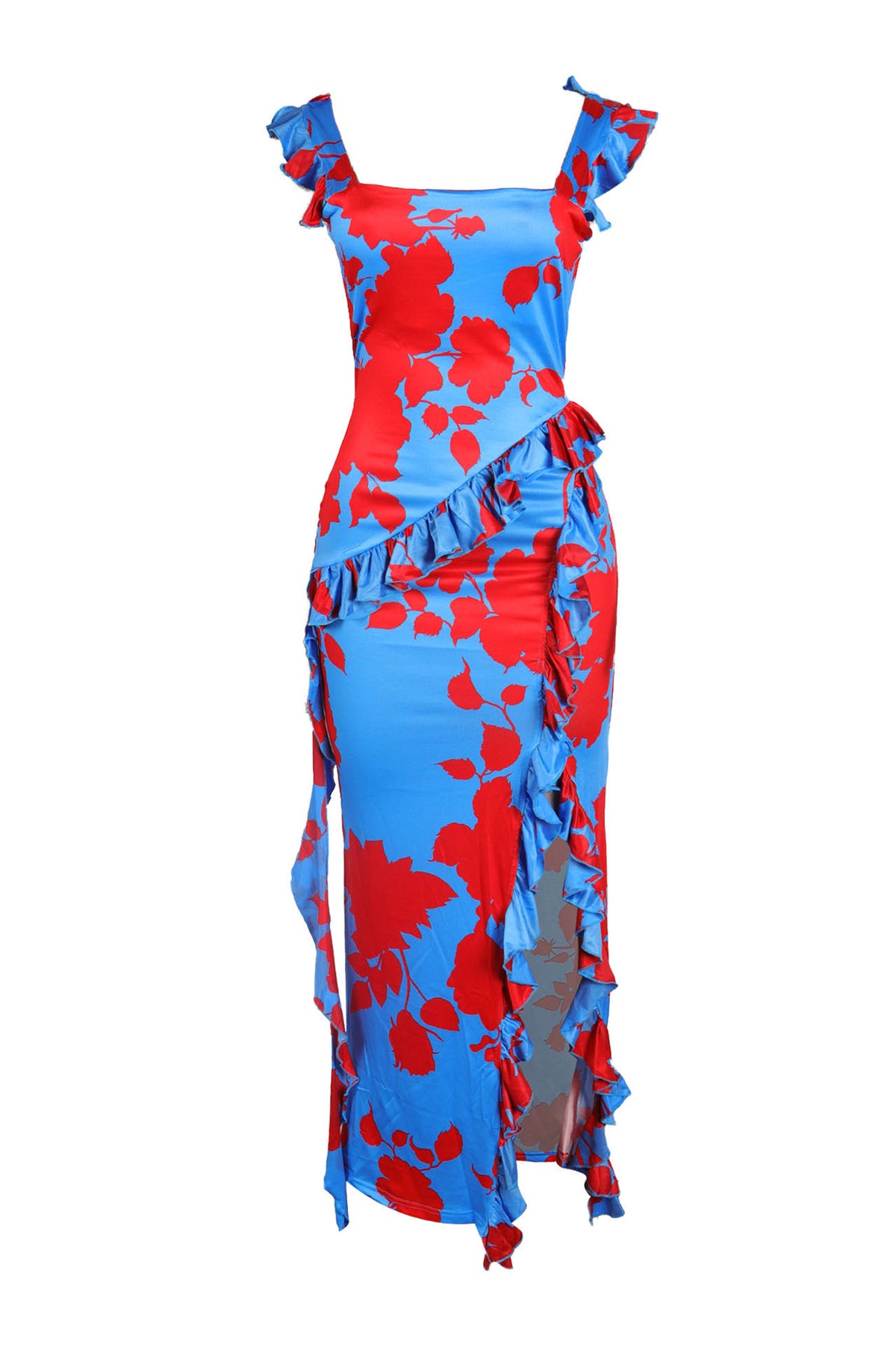 Long Strapless Dress With Slits and Tropical Print