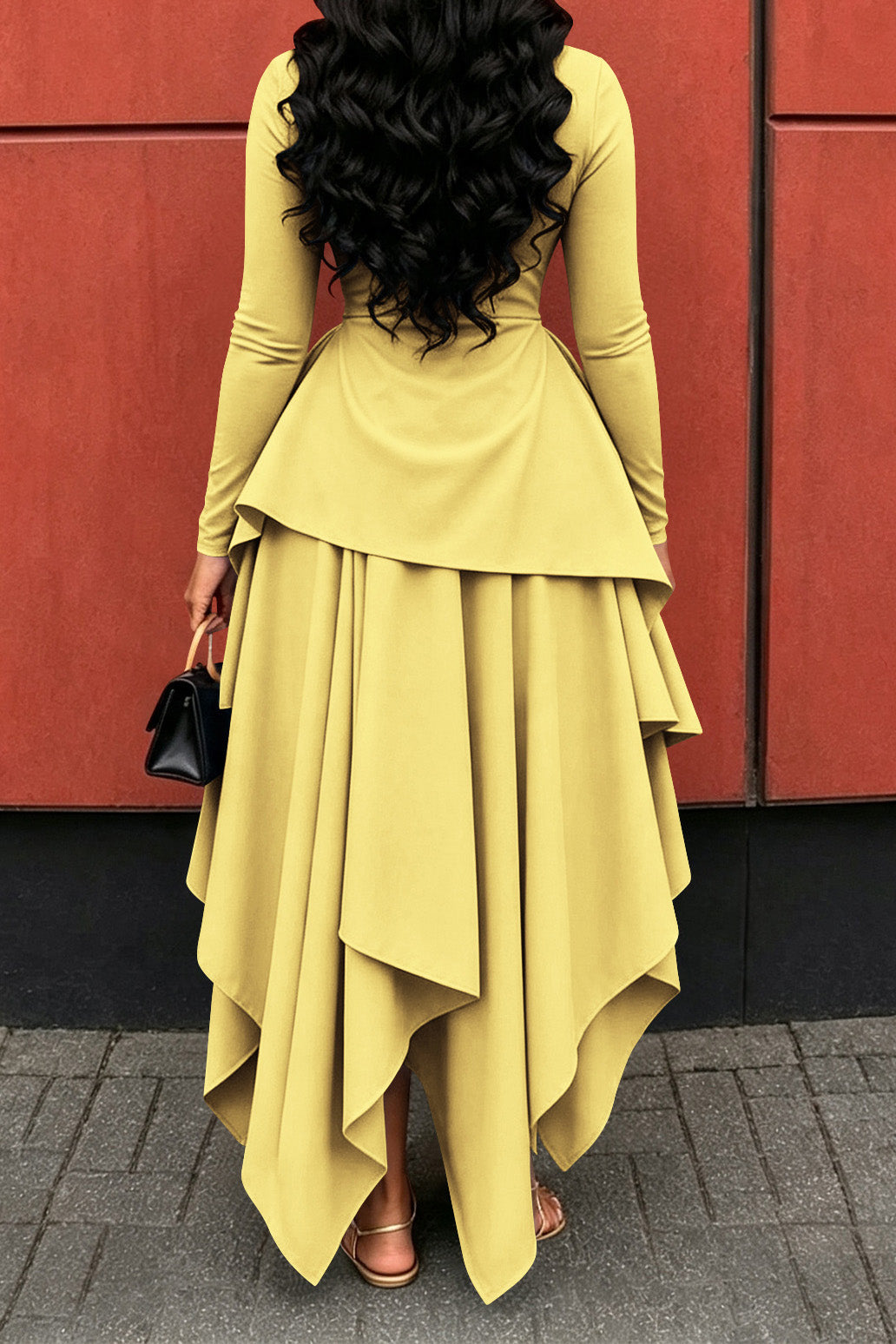 Long-Sleeve Ruffle Hem High-Low Dress