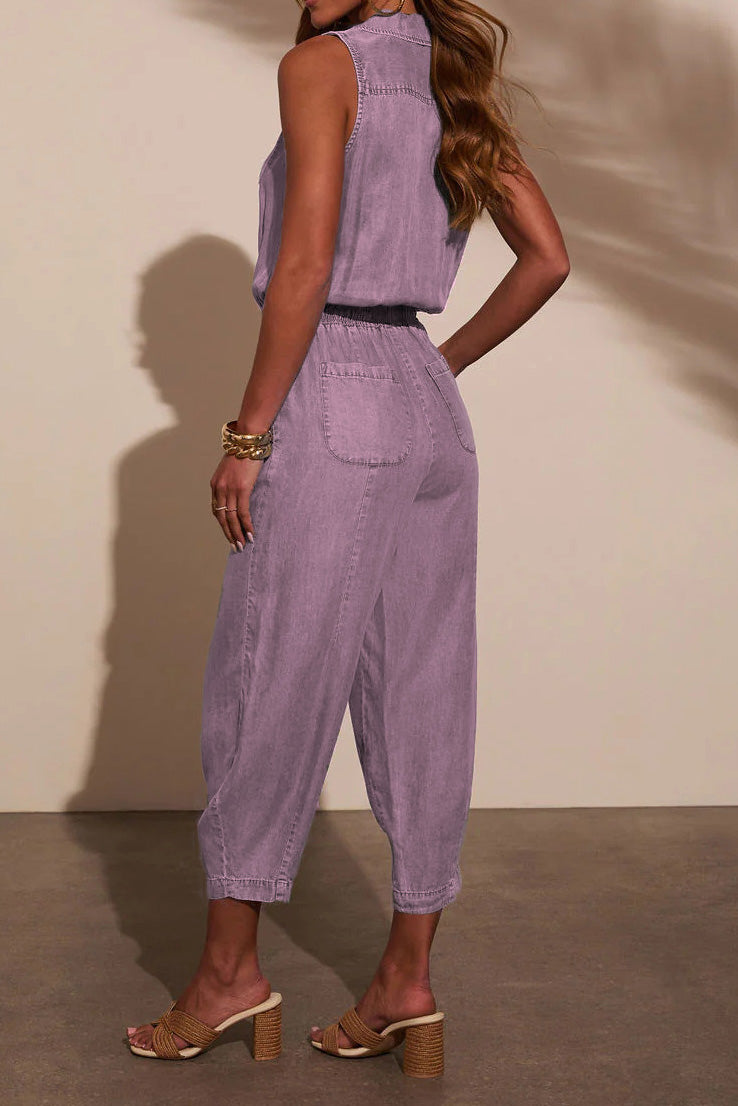 Sleeveless Drawstring Denim Utility Jumpsuit