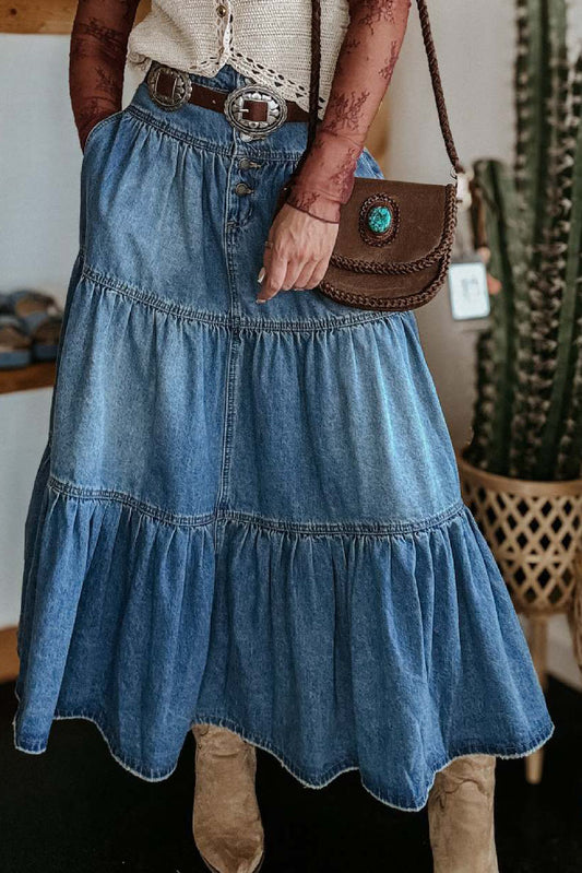 Front Button 3 Tiered Denim Skirt