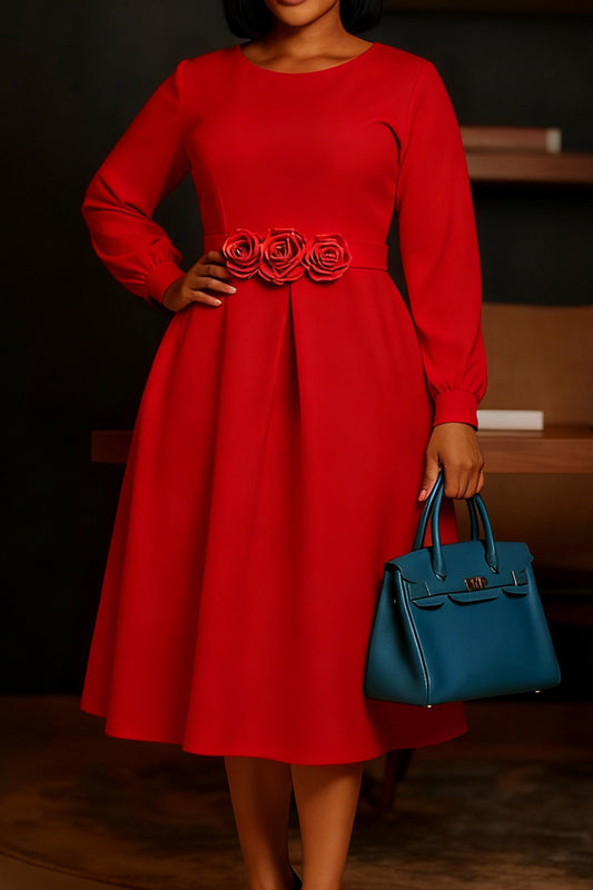 3D Floral Long Sleeve Dress-Elegant Style